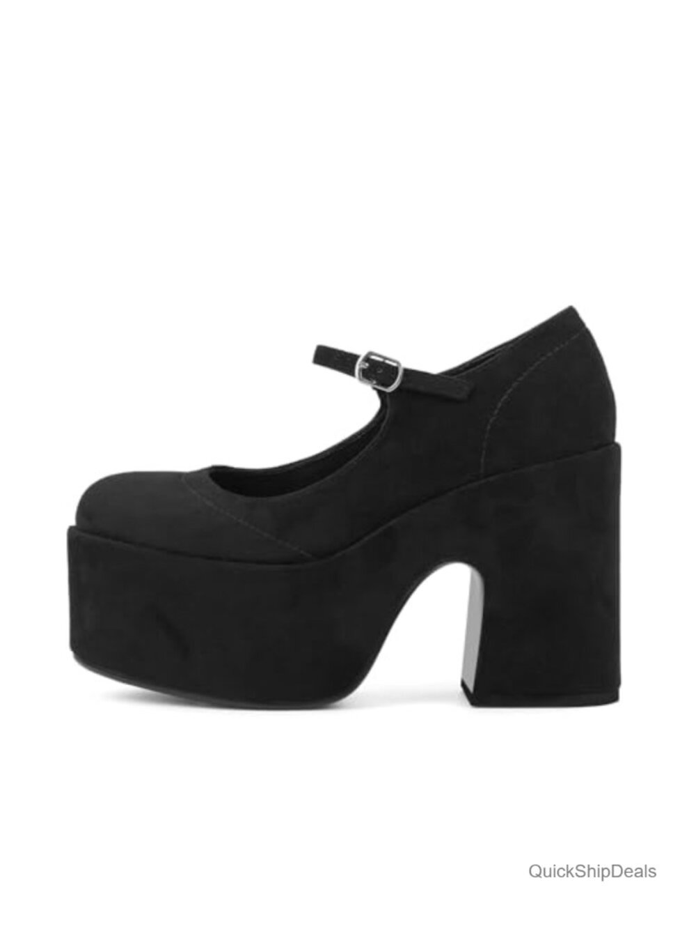 Platform Mary Janes Chunky High Heels Closed Round Toe Buckle Strap Suede Pumps